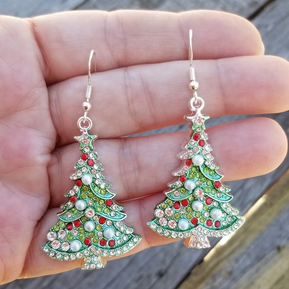 Sterling Silver Crystal Christmas Tree Dangle Earrings, Christmas Earrings - Picture 3 of 6